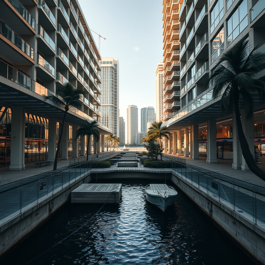 Вид на набережную Майами с пальмами и небоскрёбами бизнес-центра в дневное время