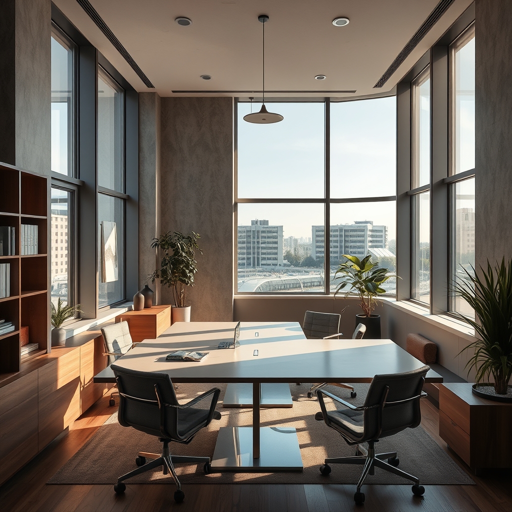 Современный минималистичный офис с большими окнами, выходящими на городской пейзаж Майами