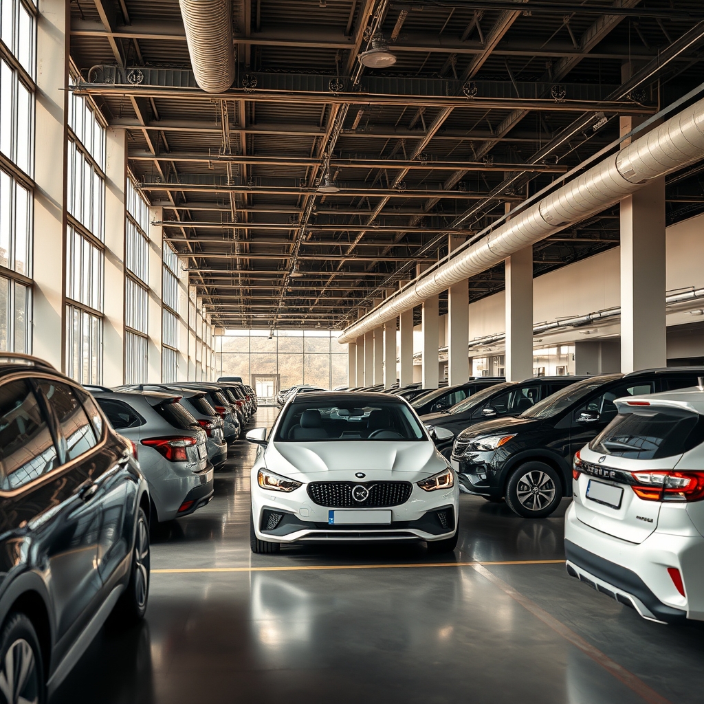 Автосалон с рядами новых автомобилей под ярким освещением