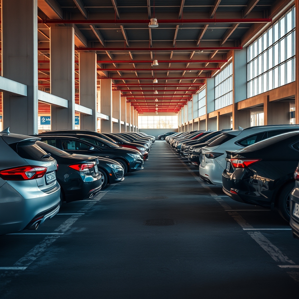 Ряды автомобилей на открытой парковке дилерского центра под ясным небом