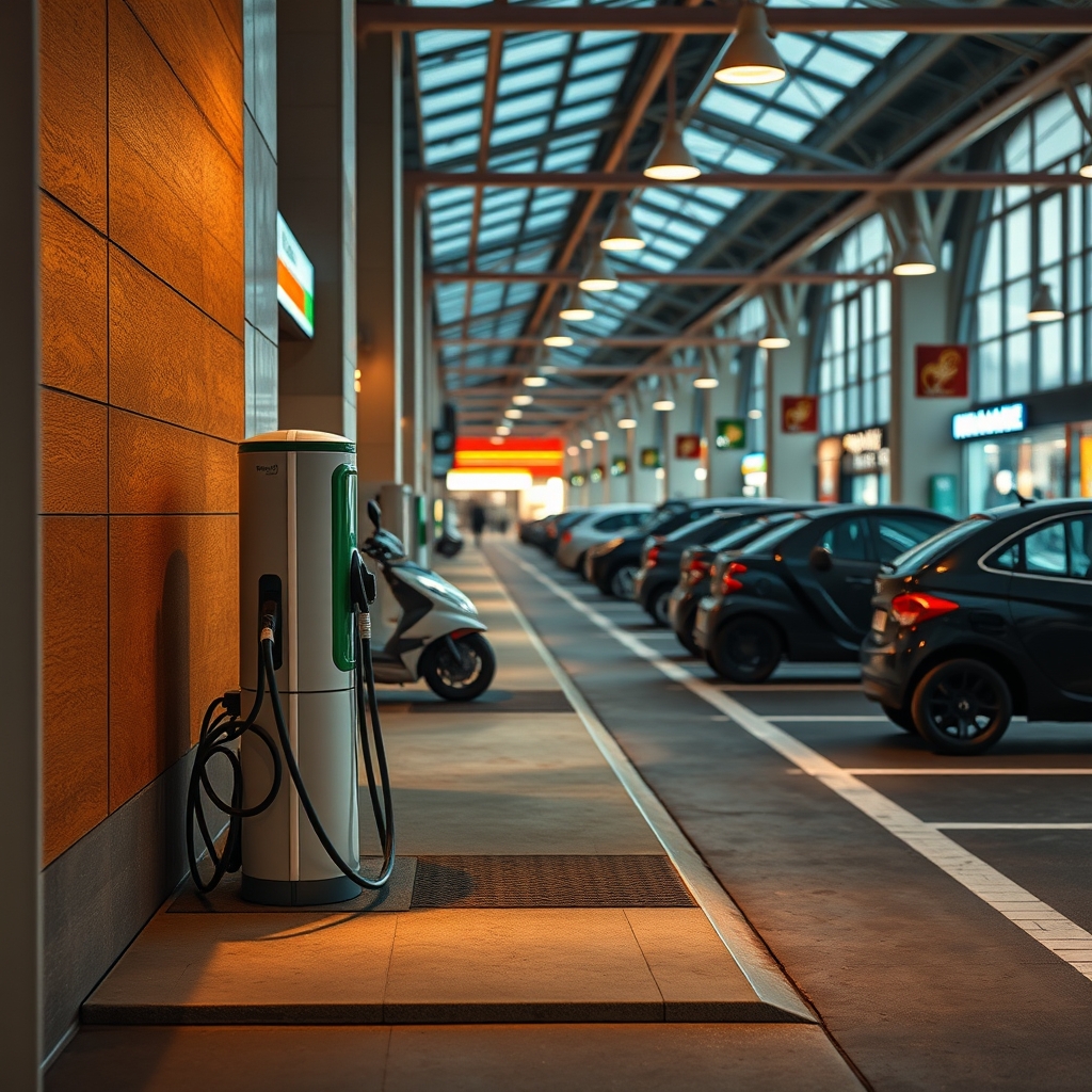 Зарядная станция для электромобилей в торговом центре, кабели подключены к автомобилям