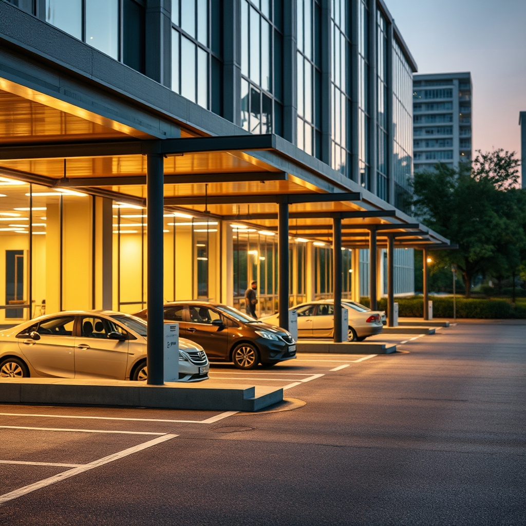 Современный электрический седан на парковке перед стеклянным офисным зданием