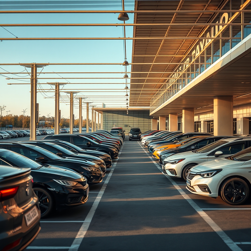 Автодилерский центр с рядами новых автомобилей на парковке