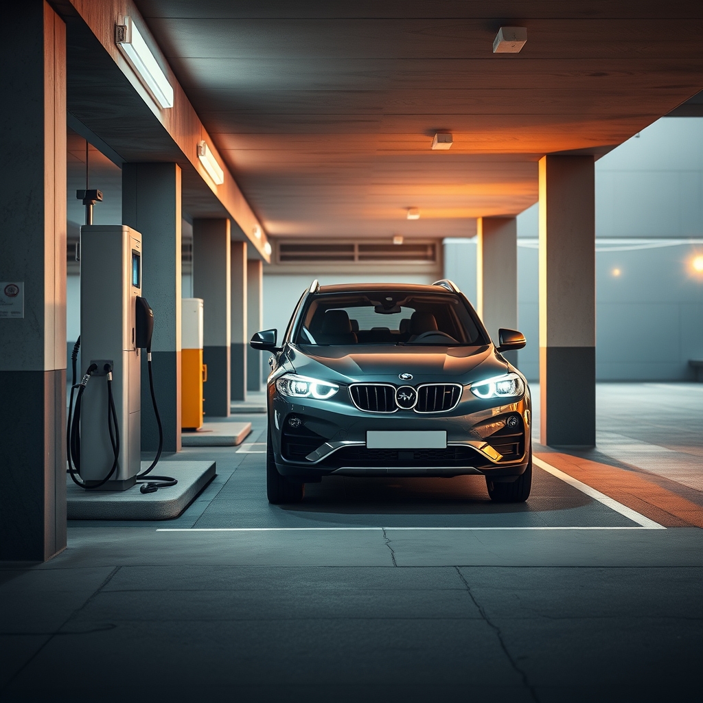 Гибридный седан припаркован у зарядной колонки в тенистом городском дворе