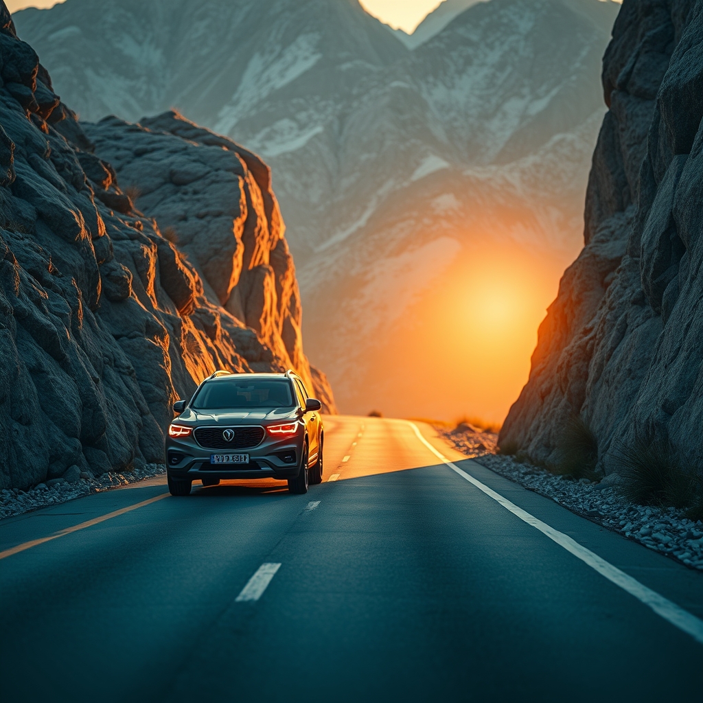 Большой семейный SUV на серпантине в горах